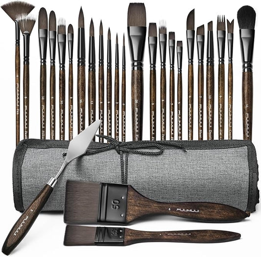 Fuumuui 26pcs Professional Paint Brush Set - High-Grade Series Synthetic Nylon Paint Brushes for Landscape, Acrylic, Oil, Watercolor, Gouache - Multi-Functional Universal Free Style for Art Supplies