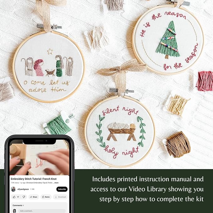 Elly & Grace Christian Embroidery Kit with Embroidery Hoop, Easy Embroidery Kit for Beginners and Adults, Full Embroidery Hoop Kit with Needles and Thread Included (Silent Night)