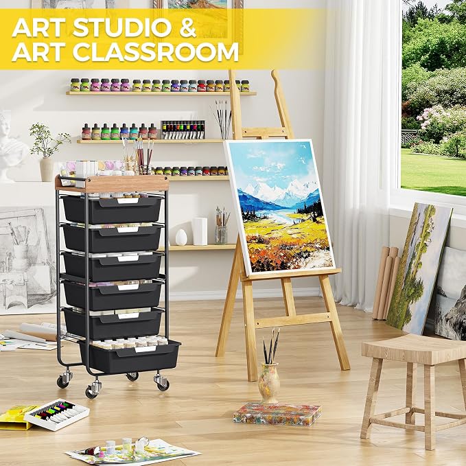 SYKIARIOL Utility Cart with 6 Labeling Drawers and Wooden Tabletop | Rolling Storage Cart for Crafters, Artists, Kids, Teachers, and Students – Organize Arts, Crafts, Sewing & Study Supplies