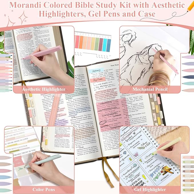 Flasoo 106 Pack Bible Study Supplies Journaling Kit for Women, Church Journal Note Taking Annotation Kit, Tabs and Highlighters Set with Pencil Case and More Bible Accessories Christian Gift