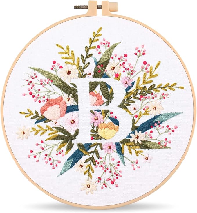 Harimau Letter B Pattern Embroidery Kit for Adult Beginners, Complete Starter Pack with 1 Hoop, Needles, Instruction Guide & Embroidery Stitch Video Tutorials