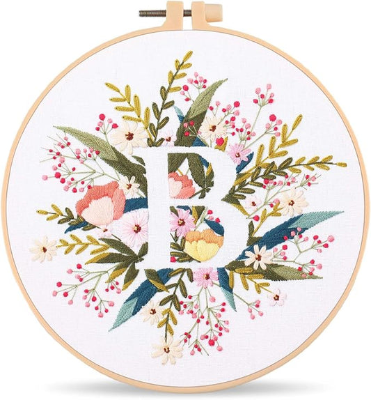 Harimau Letter B Pattern Embroidery Kit for Adult Beginners, Complete Starter Pack with 1 Hoop, Needles, Instruction Guide & Embroidery Stitch Video Tutorials