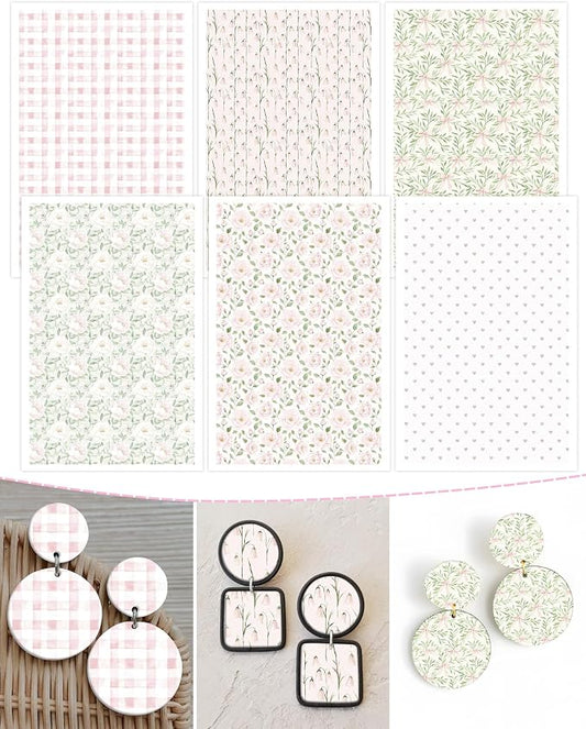 Puocaon Flower Clay Transfer Paper - Pink Green Transfer Sheets for Polymer Clay Earrings Jewlery Flower Design