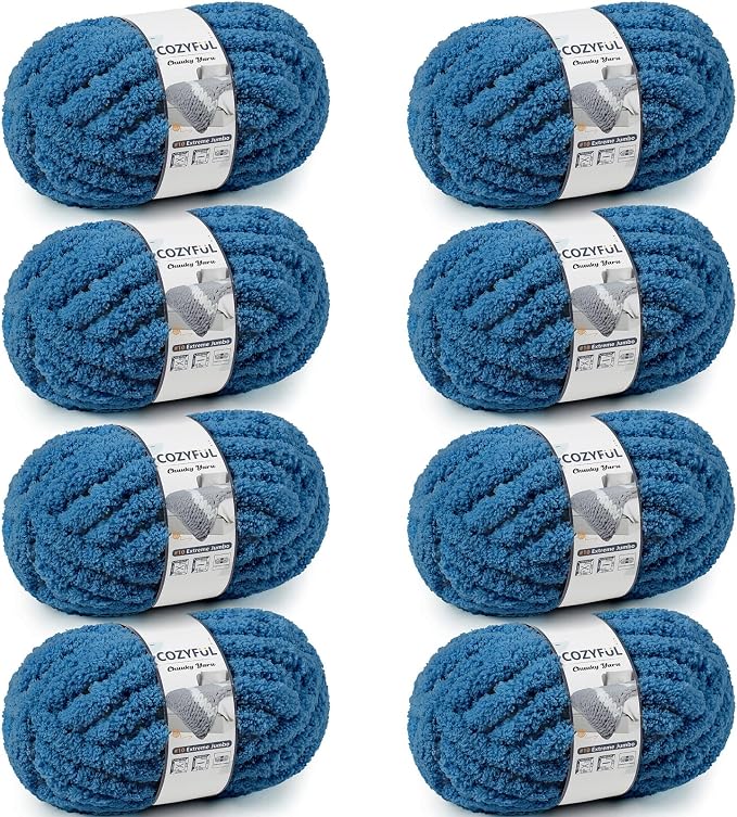 Cozyful Chunky Yarn for Hand Knitting - #10 Chunky Chenille Yarn, Jumbo Big Thick Chunky Yarns for Crocheting, Super Bulky Chunky Knit Blanket Yarns, 8 Skein (22 yds 8 oz Each Skein), Indigo