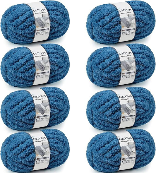 Cozyful Chunky Yarn for Hand Knitting - #10 Chunky Chenille Yarn, Jumbo Big Thick Chunky Yarns for Crocheting, Super Bulky Chunky Knit Blanket Yarns, 8 Skein (22 yds 8 oz Each Skein), Indigo