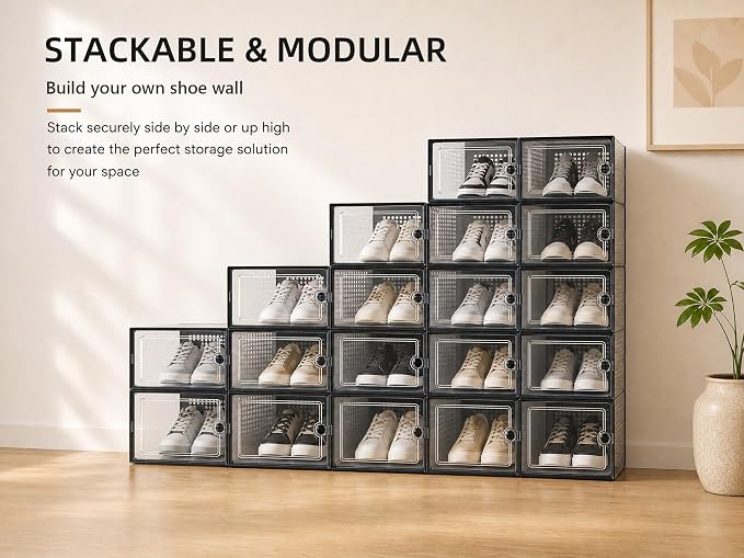 Kuject X-Large Shoe Storage Boxes 12 Pack, Clear Stackable Shoe Organizer