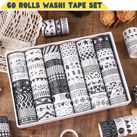 Washi Tape Set, 60 Rolls Decorative Masking Tape Bulk for Scrapbooking | Black White Bullet Journal, DIY Arts and Crafts, Planner, Gift Wrapping, Gothic Aesthetic Grid Geometric Patterns