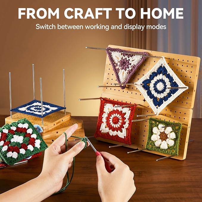 4-Pack 4.7" Assembled Crochet Blocking Boards for Granny Square with Pins | With 25 Steel Pins Pegs, Assembles into 9.4" Standable Blocking Board for Crocheting and Knitting,Gifts for Crocheter