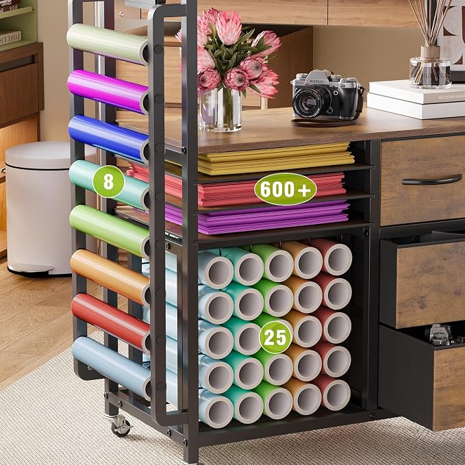 VENNQD Large Craft Organizer and Storage Rolling Cart Compatible with Cricut Machine with Fabric Drawers Vinyl Roll Holder Accessories for Home Craft Workstation Room (Rustic Brown)
