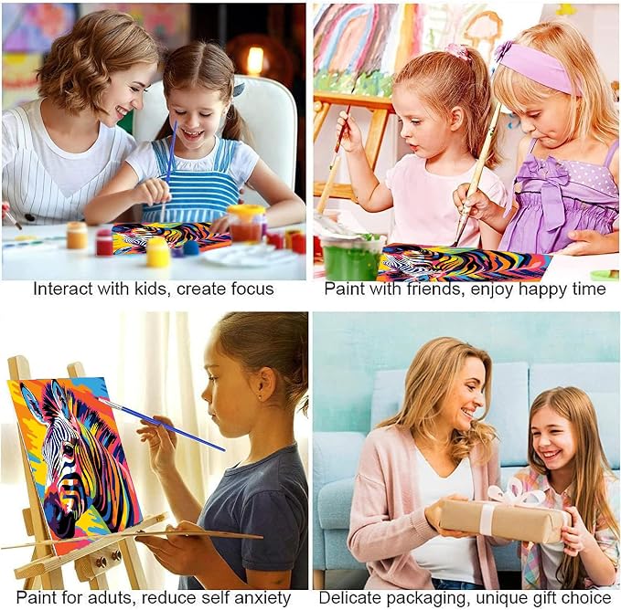 ajepon Zebra Paint by Numbers Kit for Kids with Frame - Zebra Paint by Number for Kids, Kid Painting by Number Kits Age 6-8 for Home Wall Decor 8X8inch (with Wooden Easel)