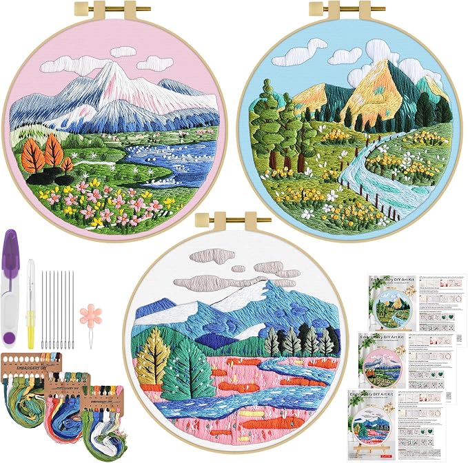 ERKOON 3 Sets Embroidery Kit, Floral Cross Stitch Set for Include Embroidery Cloth Hoops Threads for Craft Lover Hand Stitch (Landscapes)