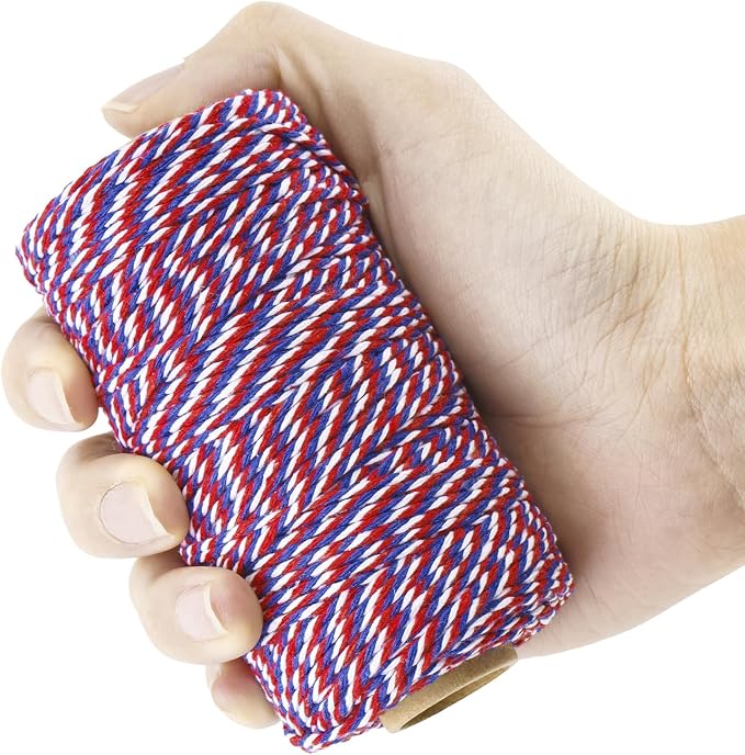 jijAcraft Red White and Blue String, 2MM Cotton Twine, 328Ft Bakers Twine, Wrapping String, Decoration Cotton Strings for 4th of July, Memorial Day, Veteran's Day (Pack of 3)