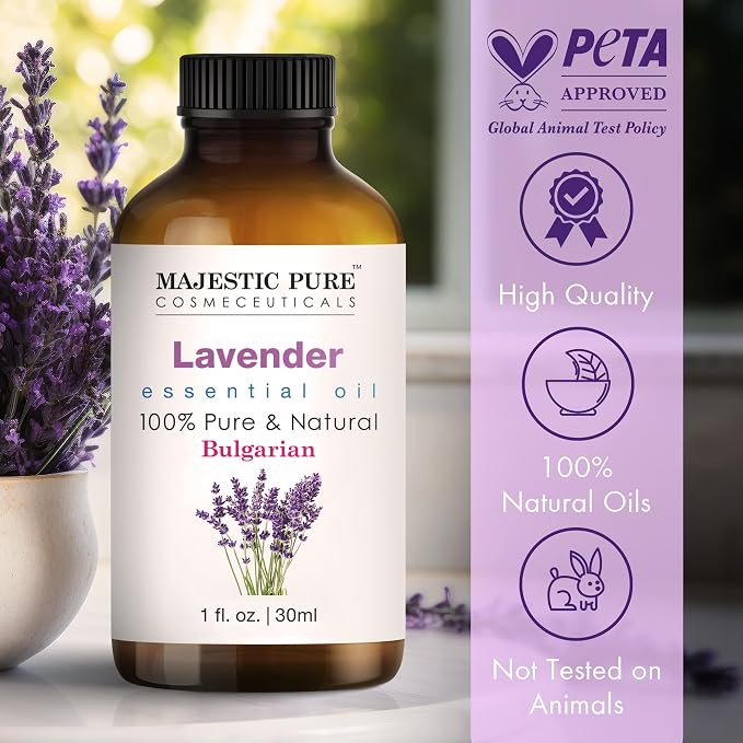 Majestic Pure Lavender Essential Oil for Diffuser - 1 Fl Oz | 100% Natural Essentials Oils Ideal for Relaxing Tense Mood, Eliminating Odor, Creating Peaceful Atmosphere for Sleep & Work