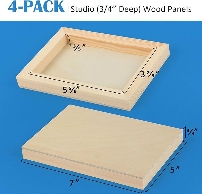 Falling in Art 4 Pack 5x7’’ Unfinished Birch Wood Panels Kit for Painting | Studio 3/4’’ Deep Wooden Canvas, Cradle Boards for Acrylic Pouring, Art, Crafts, Epoxy Resin, Laser Engraving Cutting