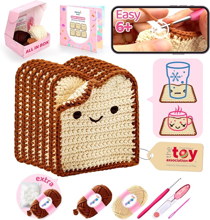 Mewaii Crochet Kit for Beginners, 6 Pack Toast Coaster Craft Set | 40% Extra Yarn, Video Tutorial, Pre-Started Piece, Beginner Friendly, Family Craft Gift for Adults & Kids