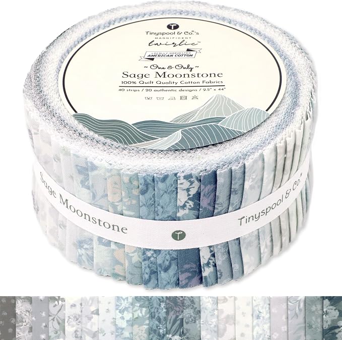 Tinyspool & Co.'s Twirlie Roll 40 Precut Quilting Fabric Strips for Quilting Supplies, Crafting, Sewing, Soft Cotton Strip for Blanket, Rug, Upholstery, Home Decor, and Purse Making, Sage Moonstone