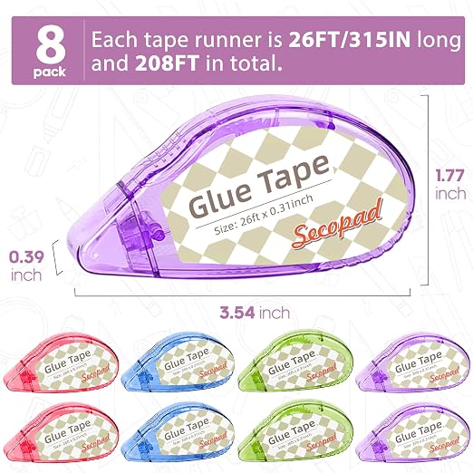 Secopad Scrapbook Tape, Glue Tape for Crafts, 8 Pack, Clear Colored Shell | 0.3IN x 26FT, Sticky & Safe, Double Sided Tape for Crafts, Scrapbooking Junk Journaling Supplies, For School Office Teachers