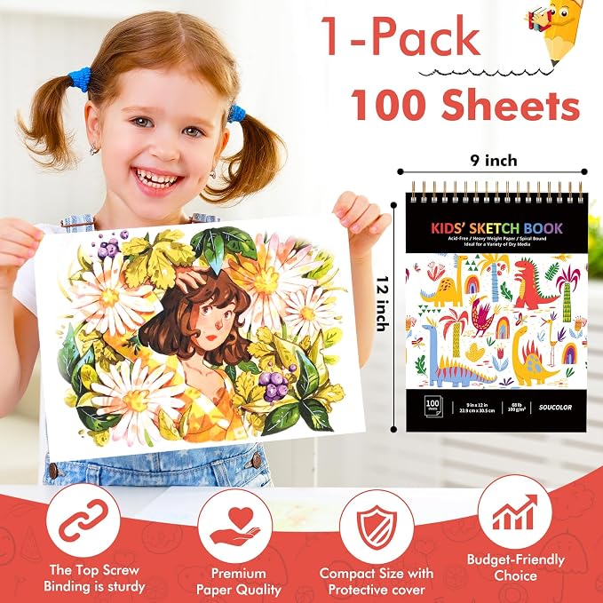 Soucolor Sketch Book for Kids, 9" x 12" Kids Sketchbook, Boys & Girls Gift | 100 Sheets Tear-out Acid-Free Drawing Paper |Spiral bound Smooth Paper for Pencils Markers Crayons, Art Supplies for Kids 3+