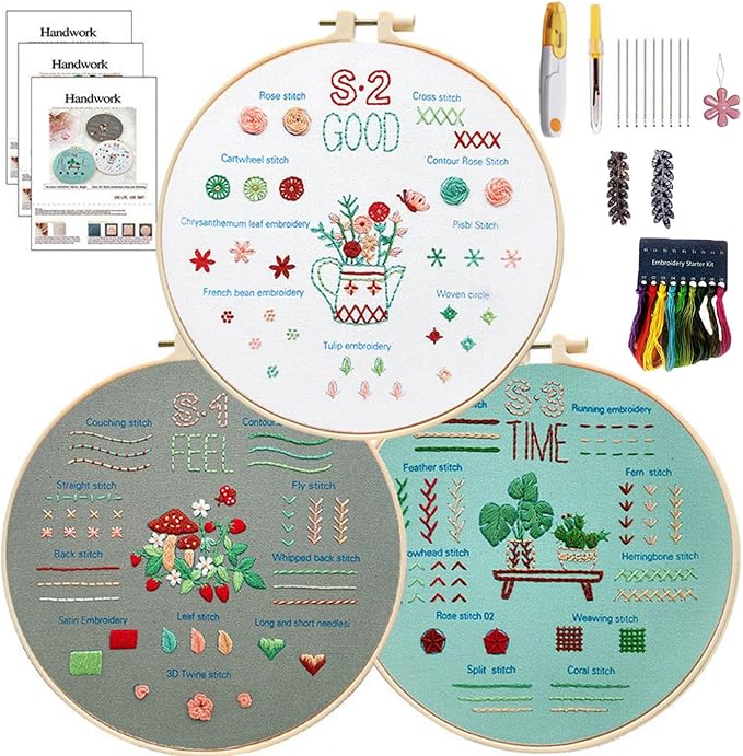 CHIYOSING Embroidery Kit for Beginners Adults,3 Stages to Learn Over 30 Different Stitches,Includes Step-By-Step Instructions,Sharp Scissors and 2 Exquisite Hairpins and Multiple Accessories