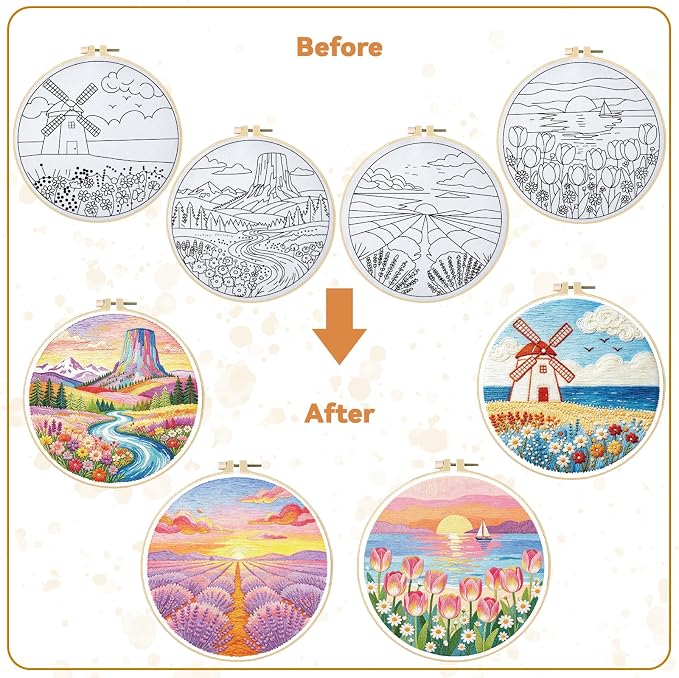 BEUNITONE 4 Set Embroidery Kits for Beginners, Pink Scenery Design with Pre-Stamped Pattern Craft Kits Include Instruction and Hoops, 7.9"x7.9" Needlepoint Kits for Festival Gifts and Home Decor