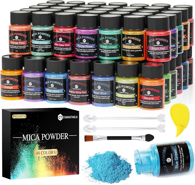 CHANGTIKEJI Mica Powder, 48 Colors - 10 g/Bottle Pearlescent Pigment | Natural Pigment Powder for Epoxy Resin, Soap Making, Candle Making, Lip Gloss, Nail Polish, Bath Bombs, Eye Shadows