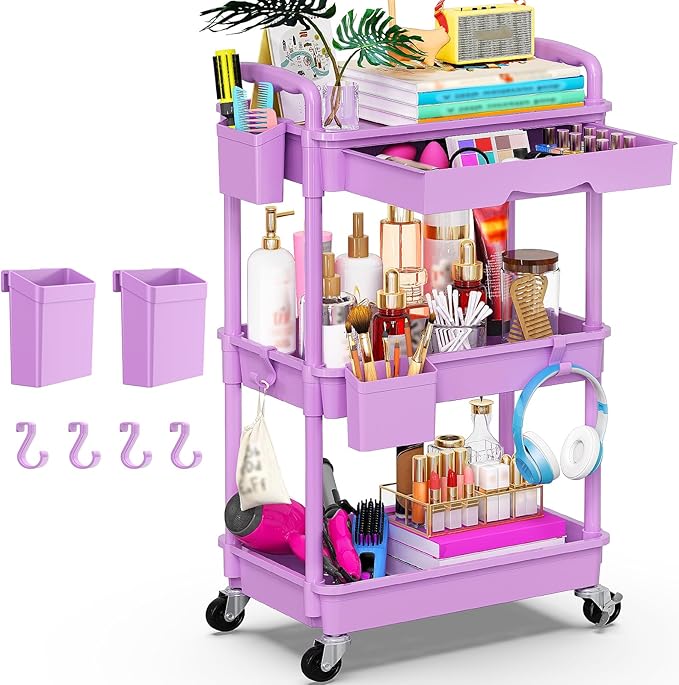 Goovilla 3 Tier Rolling Utility Cart Organizer with Removable Drawer,Purple | Stable and Sturdy Rolling Storage Carts with 2 Lockable Wheels for Bathroom, Kitchen, Snack, Craft, Makeup, Baby Essentials