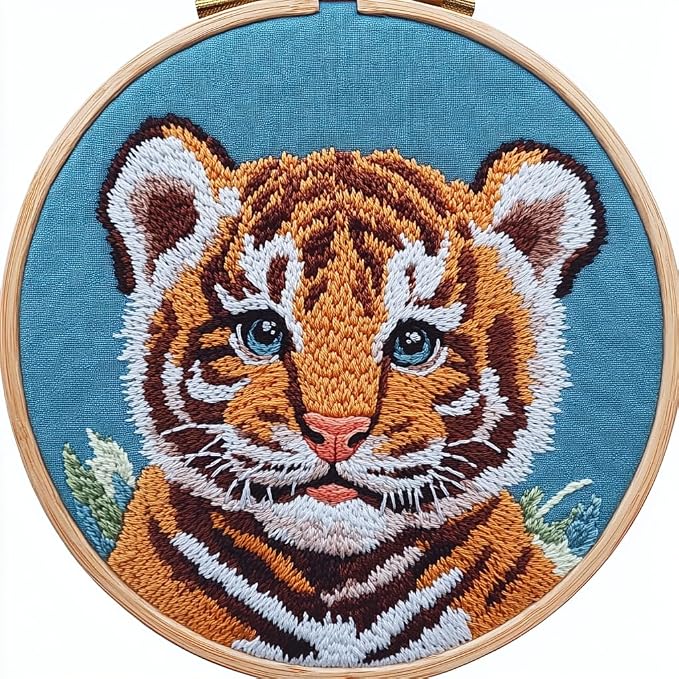 DIY Punch Needle Kits Cartoon Tiger Portrait with Hoop 20x20cm-1 | with Pattern Stamped Easy for Beginners Embroidery Punch Needle Starter Craft Set for Adults Festival Gift and Decoration