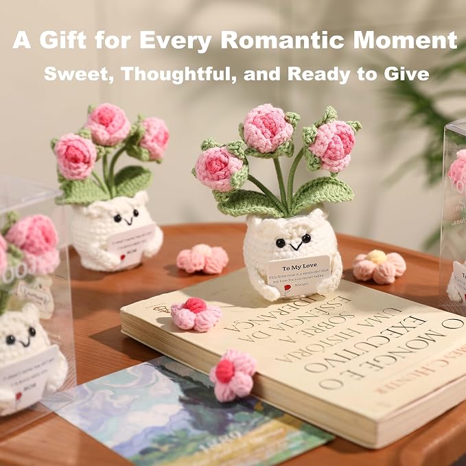 Crochet Rose Gift for Her – Handmade Pink Rose Flower Pot “to My Love”, Romantic Gift for Girlfriend, Wife, Anniversary Birthday Gift Romantic Valentines I Love You for Wife Husband Couples