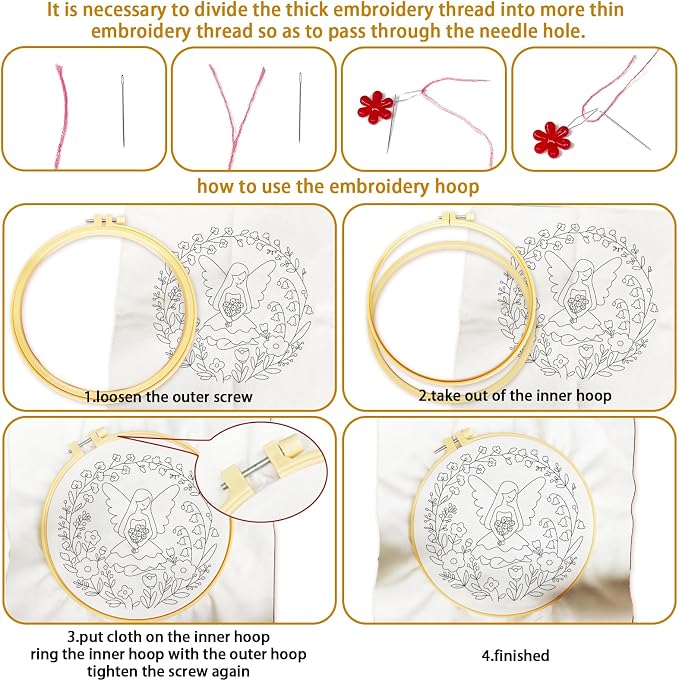 BEUNITONE 4 Set Fairy Patterns Embroidery Kit for Beginners 7.9"x7.9" DIY Complete Needlepoint Kits for Adults, Cross Stitch Starter Kit with Hoops and Instructions, Handmade Gifts for Home Decor