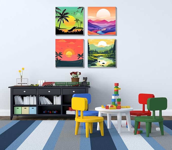 Canrichshop 4 Framed Landscape DIY Paint by Numbers Kit for Adults Beginner,Sunset Easy Painting by Number with Canvas,Acrylic Paint Kit Arts and Crafts for Adults for Decor 8x8inch
