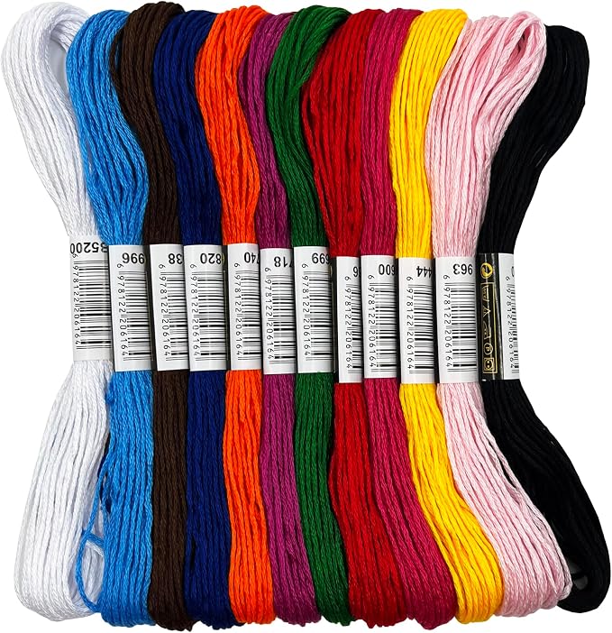 12 Colors Embroidery Thread Set with DMC Codes - 8m Each Skein, Premium Cotton Sewing Floss for Cross Stitch & Needlecraft