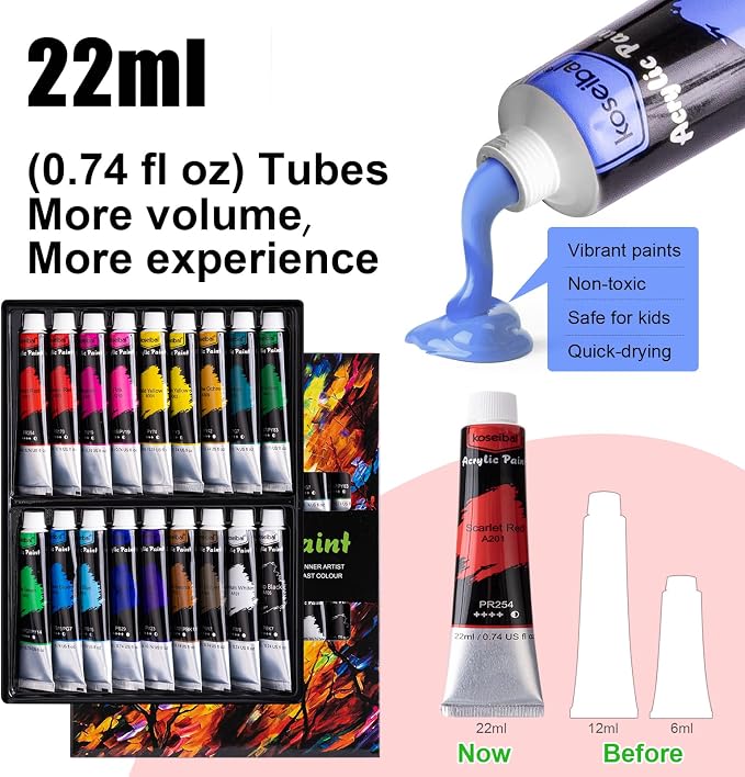 koseibal Acrylic Paint Set with Tabletop Easel and Canvas for Kids, Adults