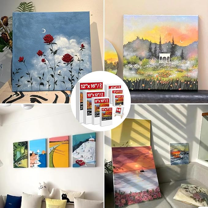 14 Packs Stretched Canvas for Painting, MultiSize 12x16, 10x12, 8x10, 5x7, 8x8, 6x6, 4x4 (2 of Each), Primed Blank Canvas for Oil, Acrylic Paint,for Beginner, Artist.