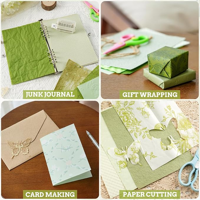 50 Sheets Unique Handmade Textured Scrapbook Paper & Mesh Fabric Set - Junk Journal Supplies Craft Paper for Scrapbooking Journaling Supplies for Junk Journal Retro Crafts（Green）