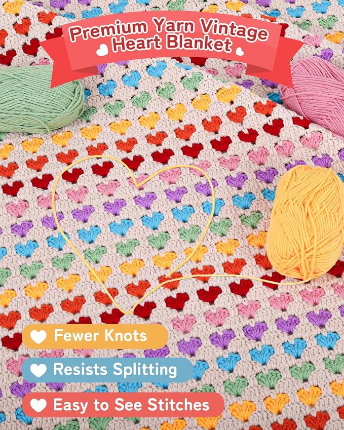 Arborthread Blanket Crochet Kit for Beginners, Crochet Heart Blanket Kit w/Premium Yarns, Detailed Video & Instructions for Adults & Kids – Featuring a Colorful Rainbow Heart Pattern and Edging