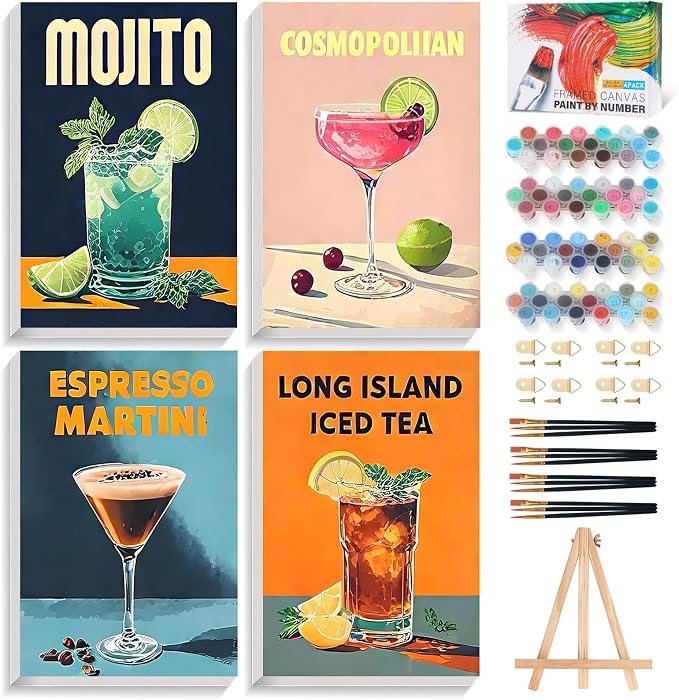 4 Pack Framed Paint by Numbers Kit for Adults Cocktail with Wooden Easel | With Frame Canvas 8x12 IN, For Adults Beginner, DIY Acrylic Painting Retro, Stress Relief Craft Kits, Home Wall Decor Gift