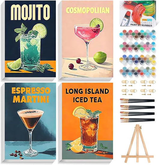 4 Pack Framed Paint by Numbers Kit for Adults Cocktail with Wooden Easel | With Frame Canvas 8x12 IN, For Adults Beginner, DIY Acrylic Painting Retro, Stress Relief Craft Kits, Home Wall Decor Gift