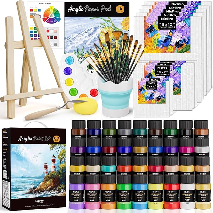 Nicpro 80PCS Acrylic Paint Canvas Set for Adults with 36 Paints (36ML) | Art Painting Supplies Kit, Table Wood Easel, 10 Canvas Panels, 12 Paint Brushes, Paper Pad, Cup, Palette, For Beginner Artist