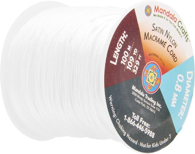 Mandala Crafts 0.8mm White Rattail Nylon Satin Cord for Jewelry Making