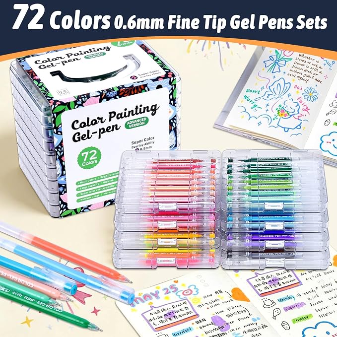 Gel Pens Set for Coloring, 72 Colors Gel Pens Markers for Adult Coloring Books, 0.6mm Fine Point Colored Pen for Painting, Doodling, Illustrations, Writing, Scrapbooking, Art DIY Crafts