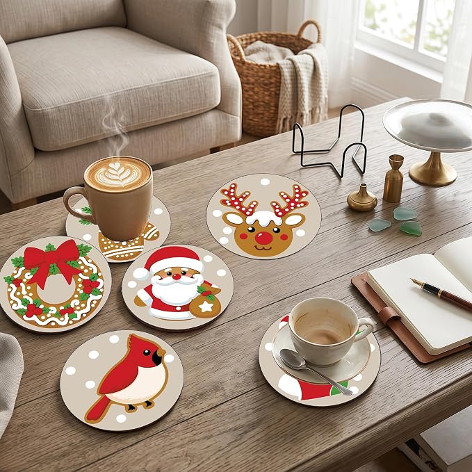 8 Pack Christmas Paint by Number Kits Coasters with Holder Cork Pads | Paint by Numbers Kits for Adults Simple Round Oil Painting Coaster for Small DIY Craft Holiday Birthday Gifts 3.9x3.9in