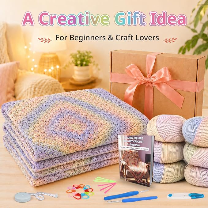 Coopay Crochet Kit for Beginners, Gradient Yarn Granny Square Blanket Kit