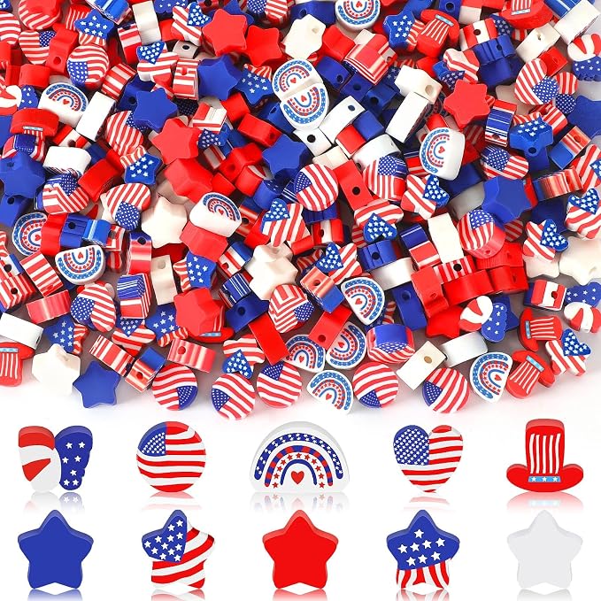 Augshy Patriotic Clay Beads,300Pcs Red White and Blue Beads for Bracelets