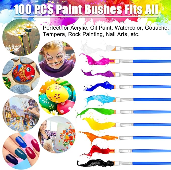 100Pcs Small Paint Brushes Bulk, Anezus Flat Top Acrylic Classroom Brush for Kids Mini Paint Brushes for Touch Up Crafts Detail Painting