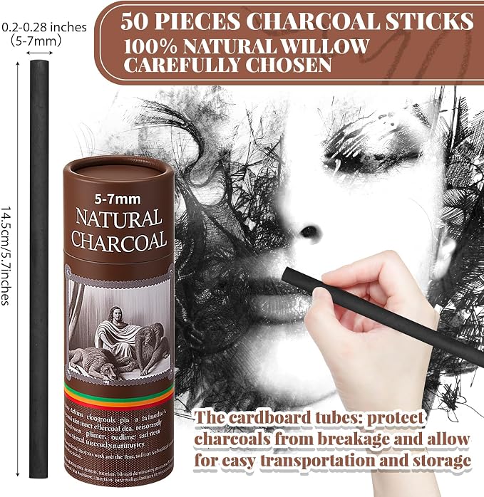 Gueevin 50 Pcs Soft Willow Charcoal Sticks Drawing,5-7mm | For Artists Beginners Students, Vine Charcoal Bulk for Sketching Shading Fine Art, Assorted Sizes, Back to School Gifts