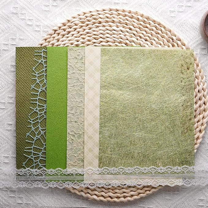 15Pcs Handmade Scrapbook Art Paper Craft Textured Paper Colorful A5 sheet Mesh Special Mix for Scrapbooking Junk Journal Journaling Supplies DIY Materials,5.8x8.2 inches (Green)
