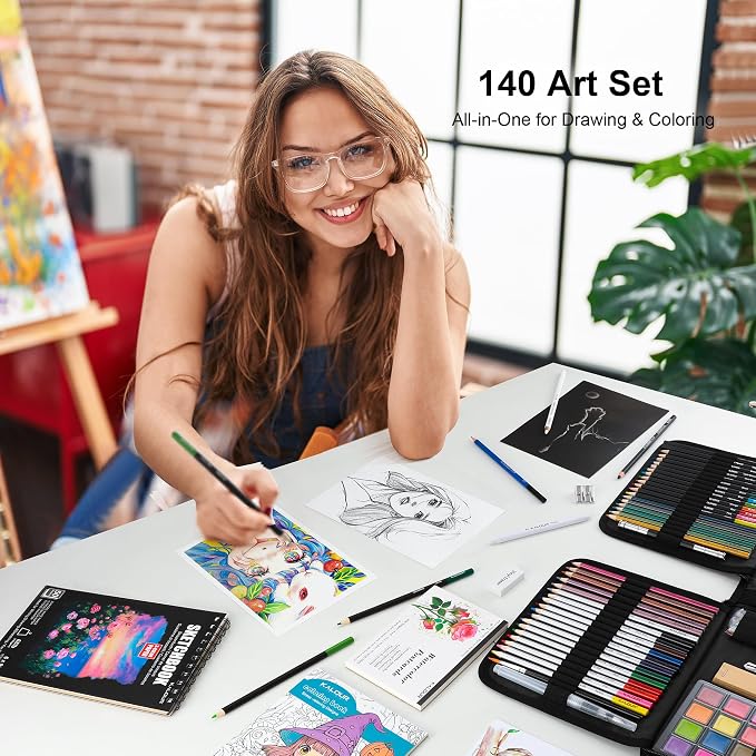 KALOUR 140 Drawing Set Sketching Kit,Art Supplies with 3-color Sketchbook & Coloring Paper,Include Tutorial, Colored, Graphite, Charcoal, Watercolor & Metallic Pencil,for Artists Adults Teens Beginner