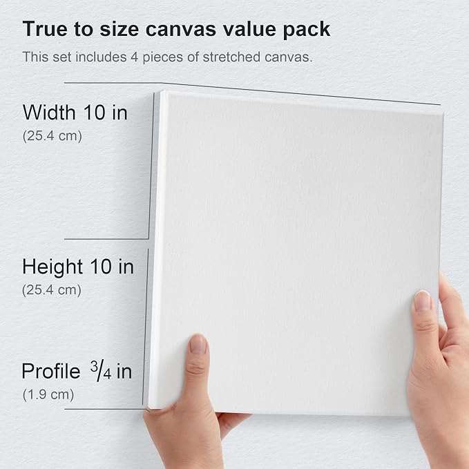 PHOENIX Professional Stretched Watercolor Canvas - 10x10 Inch/4 Pack, 100% Cotton Water Color Canvases for Painting, 8 Oz. / 260g White Blank Medium Texture Canvas for Water Based Paints