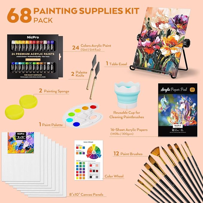 Nicpro 68PCS Acrylic Paint Canvas Set for Adults with 24 Paint for Beginner | Acrylic Paints, Table Easel, 8 Canvas Panels, 12 Brushes, Paper Pad, Cleaning Cup, Sponge, Palette, Art Painting Supplies Kit