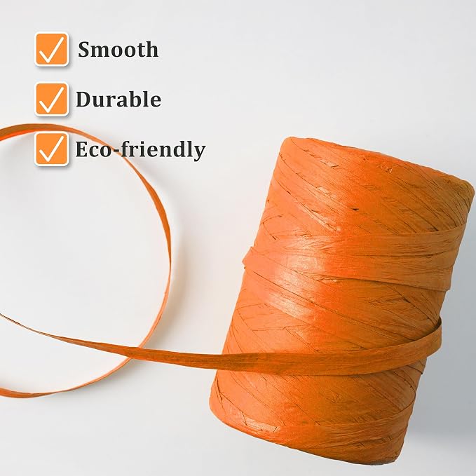 Raffia Ribbon Yarn for Crafts - Raffia Grass Twine for Gift Wrapping, DIY Decoration, Blinds & More | Matte String Paper Rope - 1/4'' Wide, 109 Yards, Orange